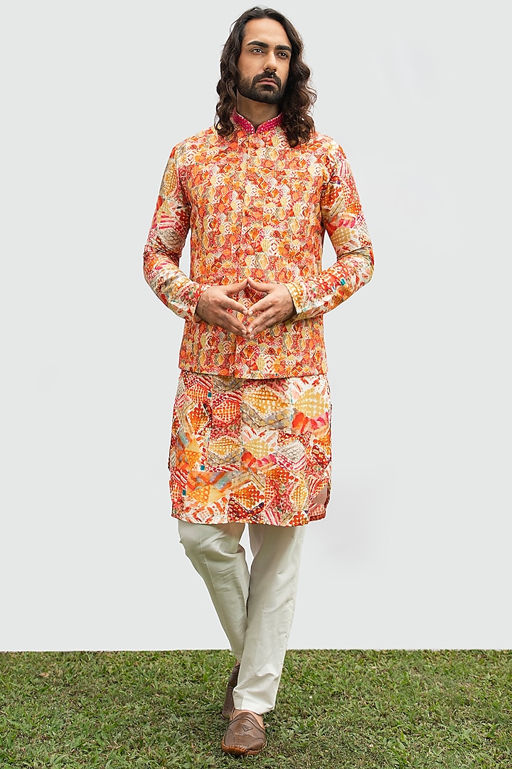 Red Bam Silk Printed Bundi Jacket With Kurta Set by KAKA Menswear