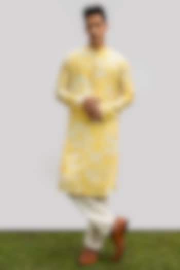 Yellow Bam Silk Printed Kurta Set by KAKA Menswear