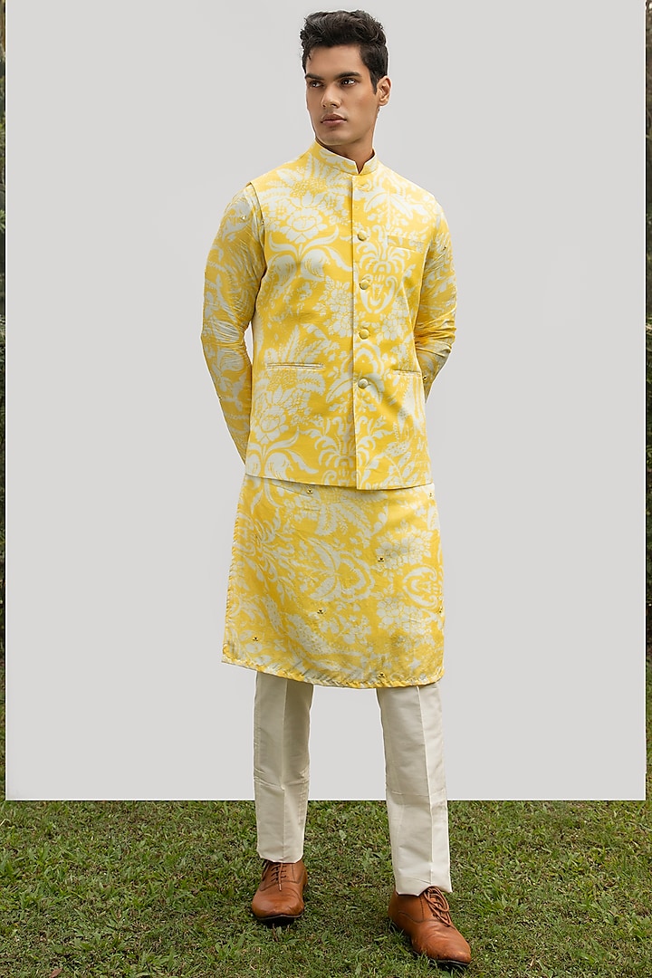 Yellow Bam Silk Printed Bundi Jacket With Kurta Set by KAKA Menswear
