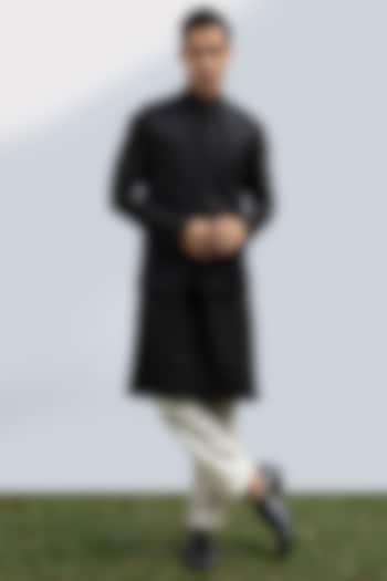 Black Suiting Fabric Embellished Bundi Jacket With Kurta Set by KAKA CALCUTTA