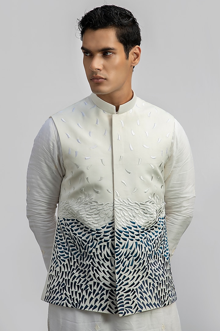 Ivory Suiting Fabric Embroidered Bundi Jacket by KAKA CALCUTTA