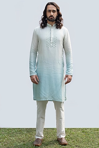 Ice Blue Ombre Bam Silk Kurta Set by KAKA CALCUTTA