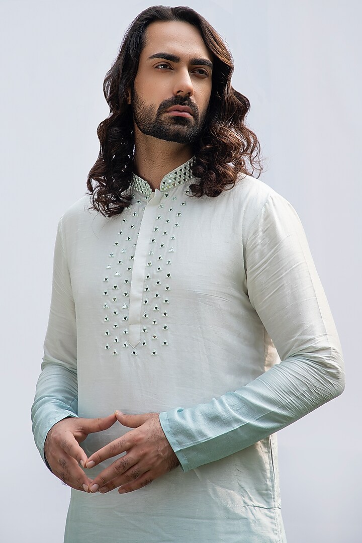 Ice Blue Ombre Bam Silk Kurta Set by KAKA CALCUTTA at Pernia's Pop Up Shop