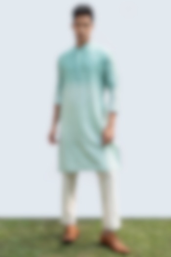 Aqua Blue Bam Silk Embroidered Kurta Set by KAKA CALCUTTA at Pernia's Pop Up Shop