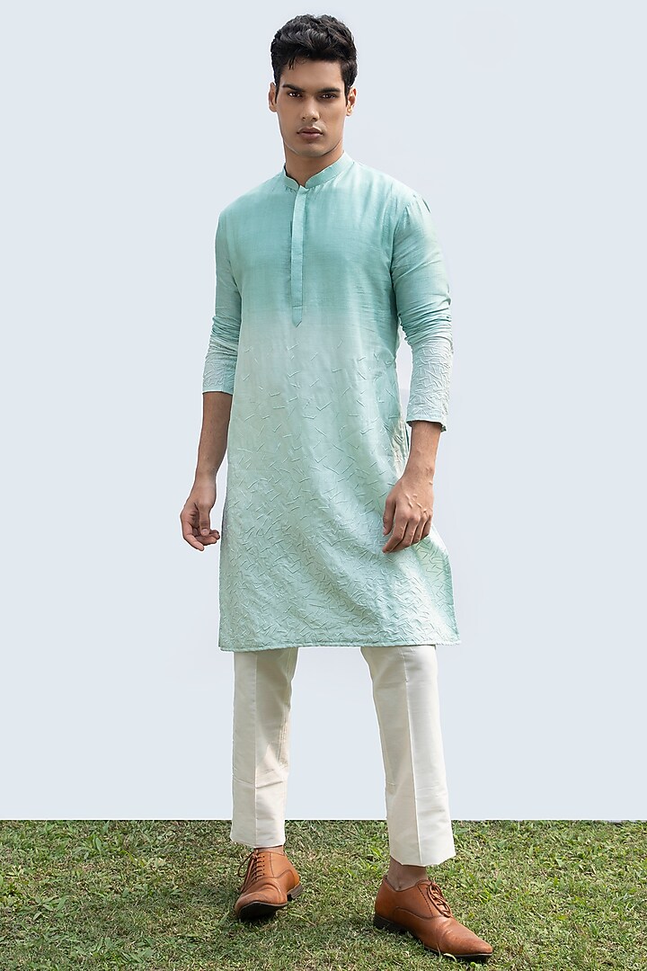 Aqua Blue Bam Silk Embroidered Kurta Set by KAKA CALCUTTA at Pernia's Pop Up Shop