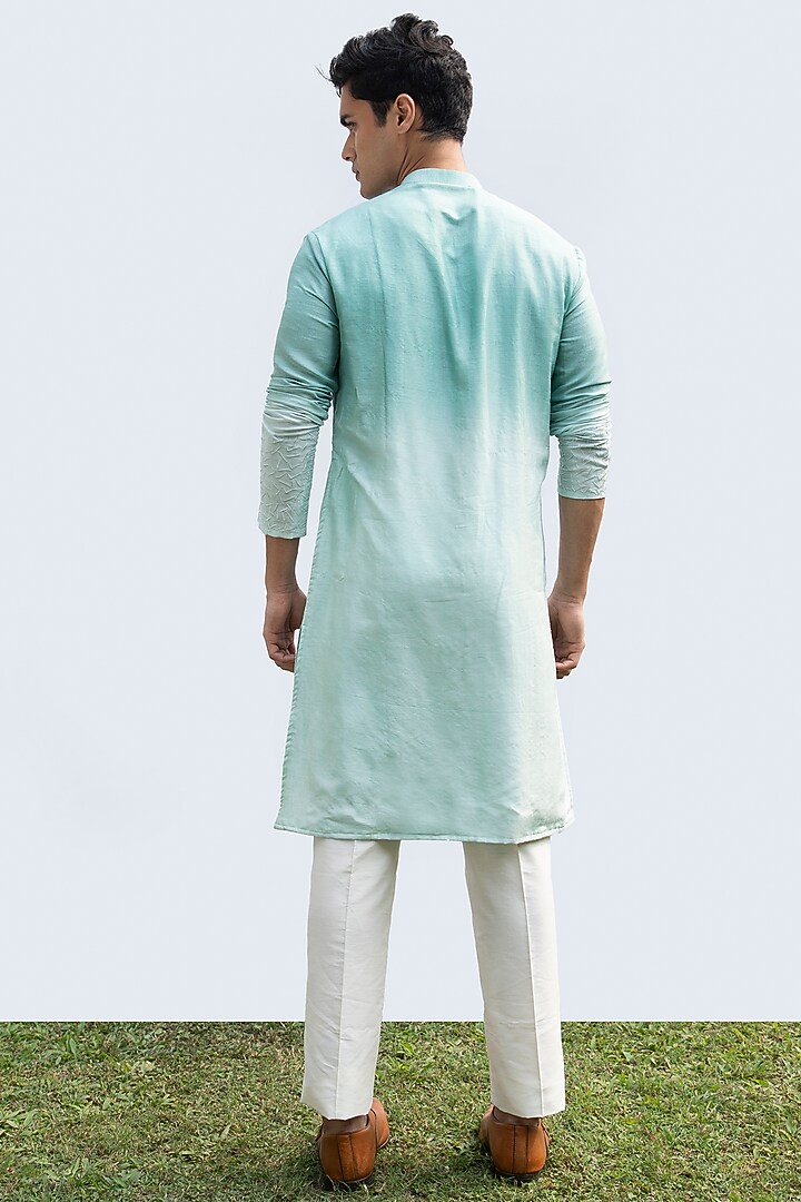 Aqua Blue Bam Silk Embroidered Kurta Set by KAKA CALCUTTA at Pernia's Pop Up Shop