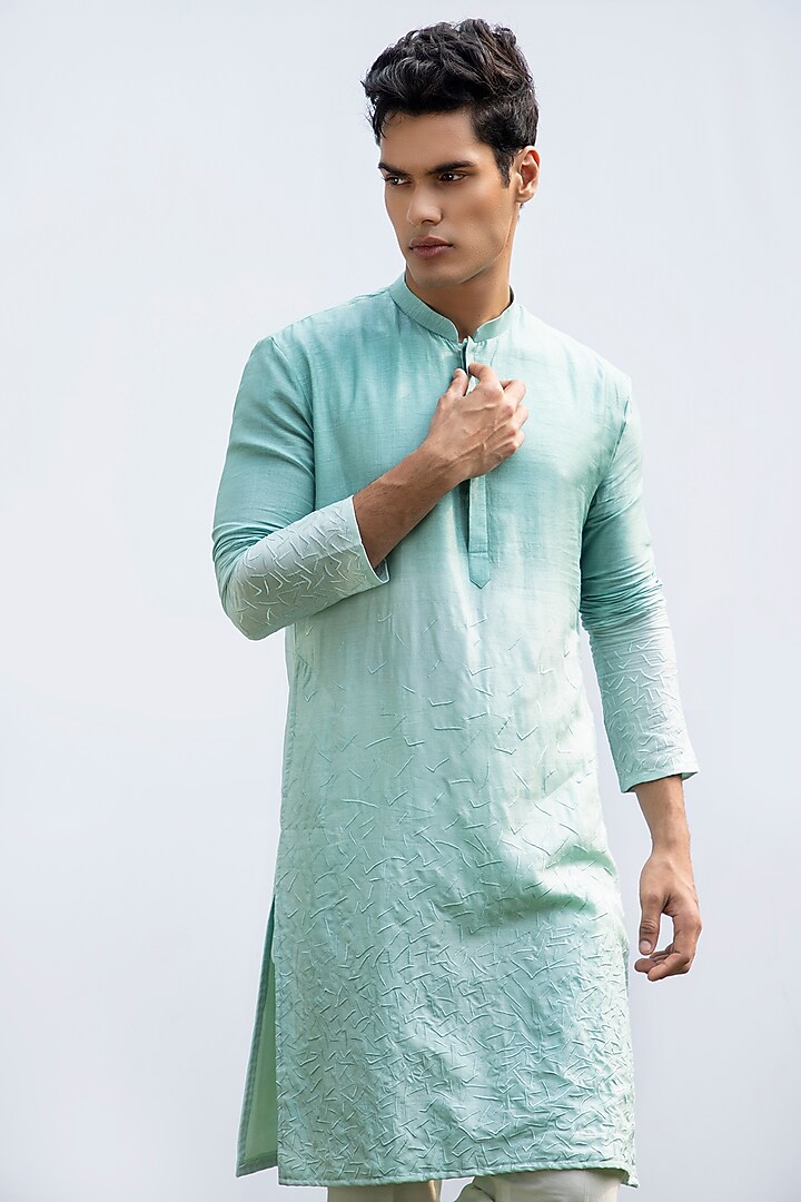 Aqua Blue Bam Silk Embroidered Kurta Set by KAKA CALCUTTA at Pernia's Pop Up Shop