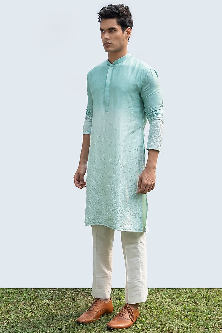 Aqua Blue Bam Silk Embroidered Kurta Set by KAKA CALCUTTA at Pernia's Pop Up Shop