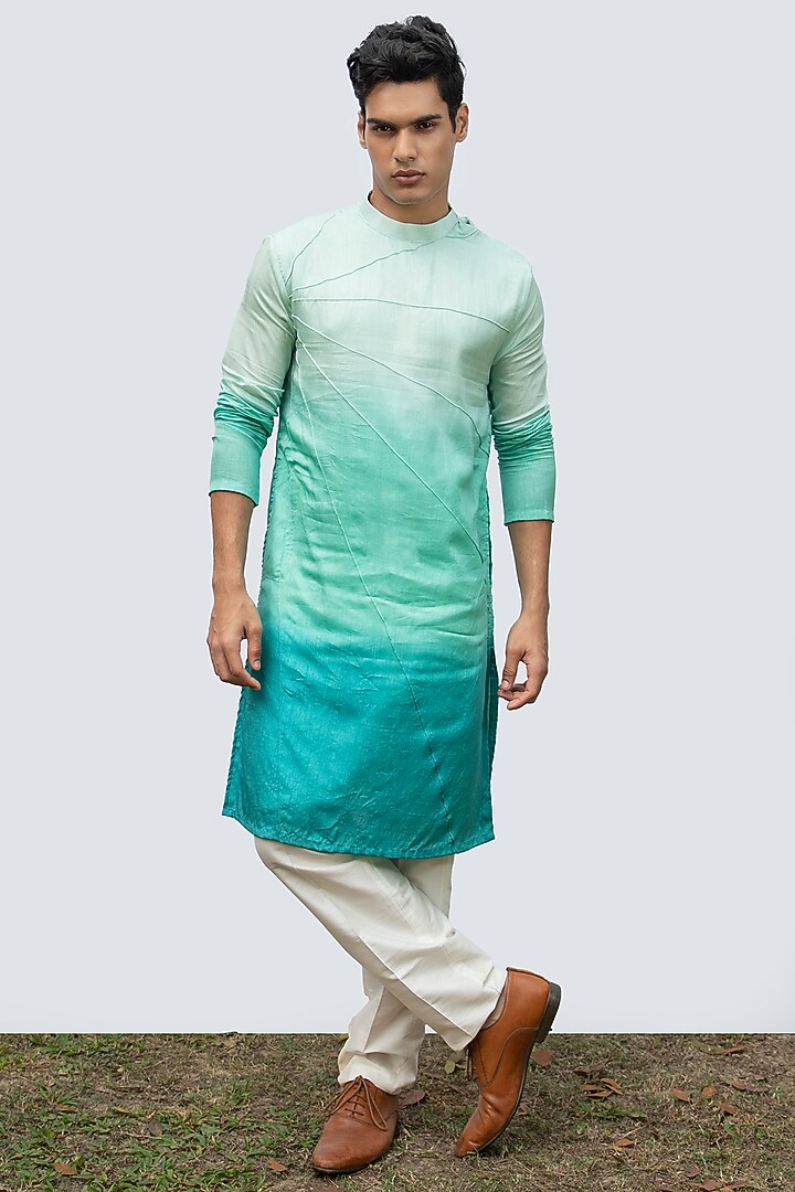 Aqua Bam Silk Ombre Kurta Set by KAKA CALCUTTA at Pernia's Pop Up Shop