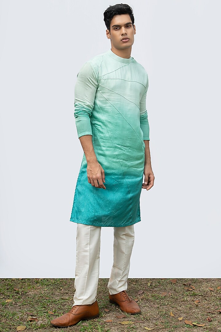 Aqua Bam Silk Ombre Kurta Set by KAKA CALCUTTA at Pernia's Pop Up Shop