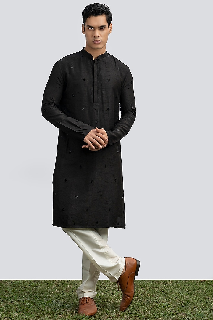 Black Bam Silk Hand Embroidered Kurta Set by KAKA CALCUTTA