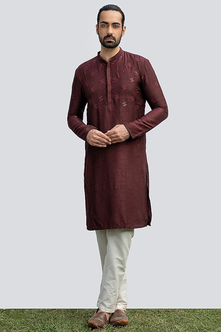 Wine Bam Silk Embroidered Kurta Set by KAKA CALCUTTA