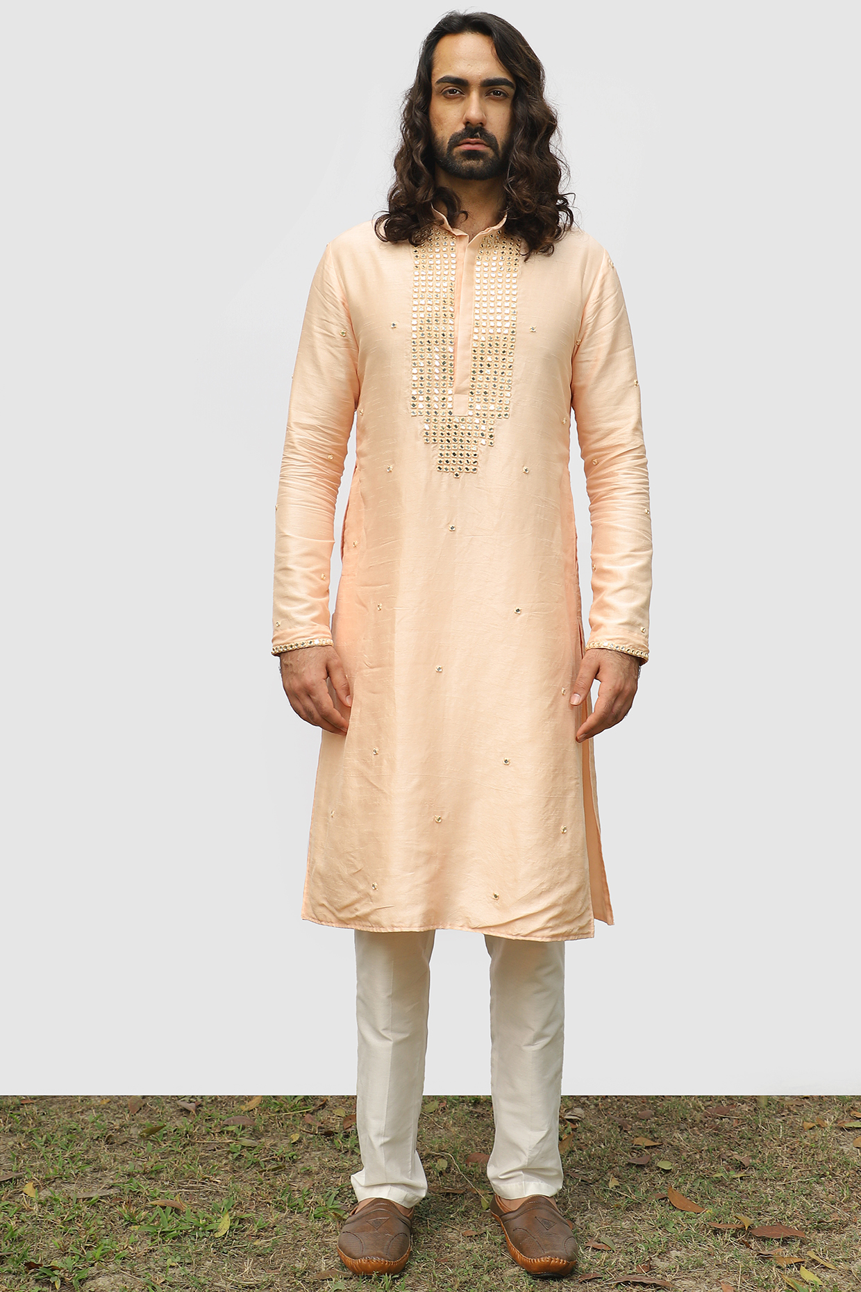 Peach Bam Silk Embroidered Kurta Set by KAKA Menswear