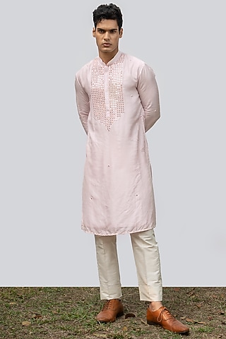 Soft Pink Bam Silk Embroidered Kurta Set by KAKA CALCUTTA