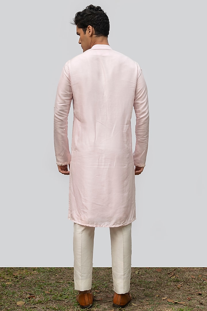 Soft Pink Bam Silk Embroidered Kurta Set by KAKA CALCUTTA at Pernia's Pop Up Shop