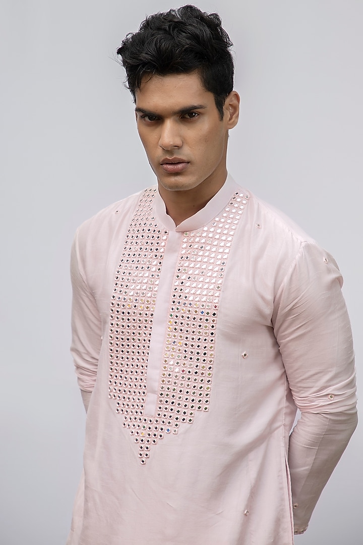 Soft Pink Bam Silk Embroidered Kurta Set by KAKA CALCUTTA at Pernia's Pop Up Shop