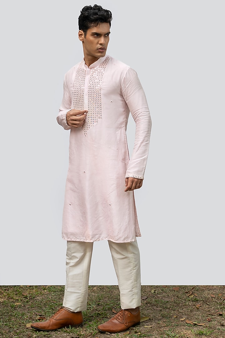 Soft Pink Bam Silk Embroidered Kurta Set by KAKA CALCUTTA at Pernia's Pop Up Shop