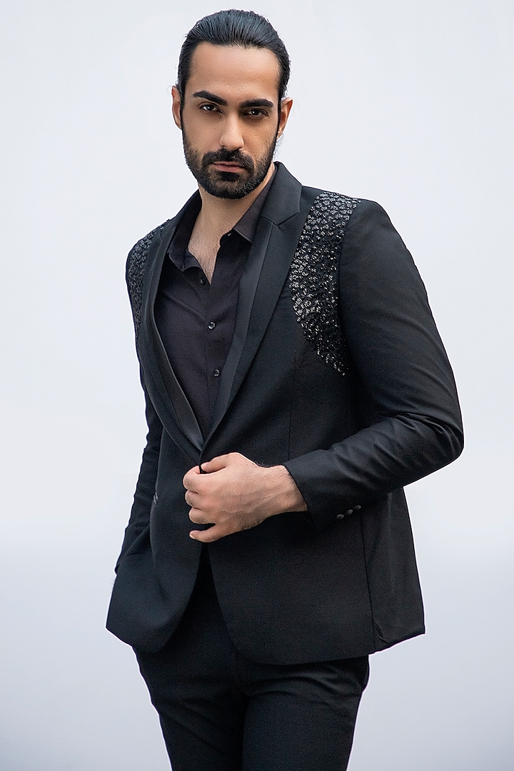 Black Suiting Fabric Embroidered Blazer Set by KAKA Menswear