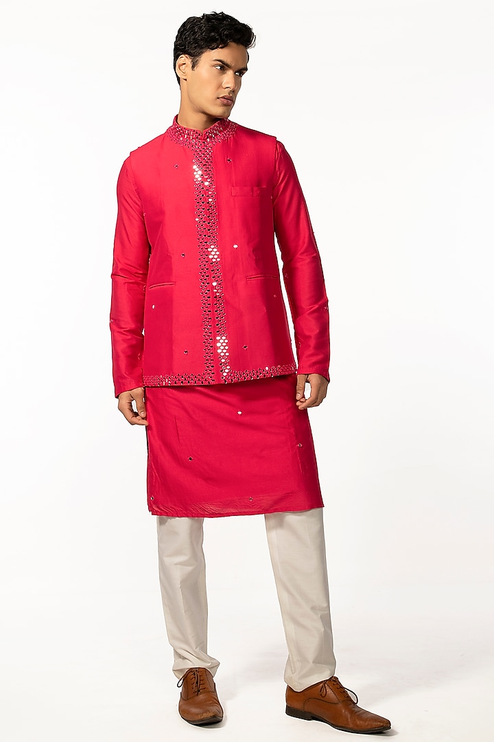 Hot Pink Silk Embroidered Nehru Jacket Set by KAKA CALCUTTA