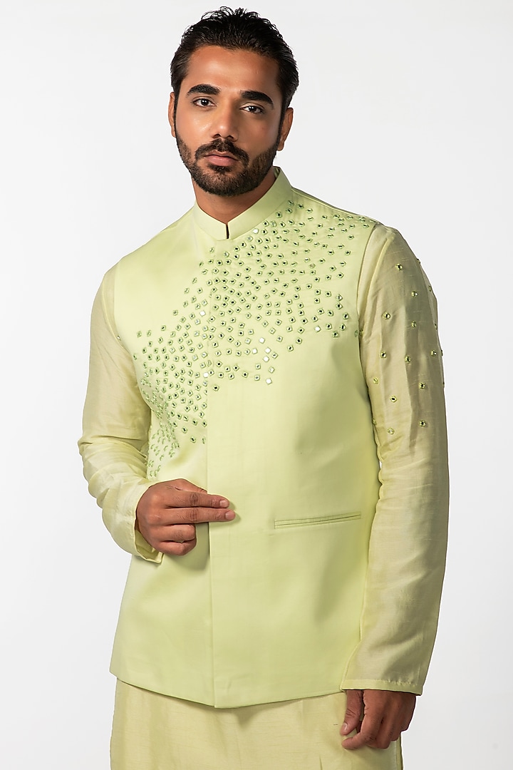 Mint Green Silk Embroidered Nehru Jacket by KAKA CALCUTTA