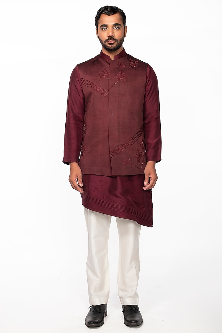 Wine Linen Satin Embroidered Nehru Jacket Set by KAKA CALCUTTA