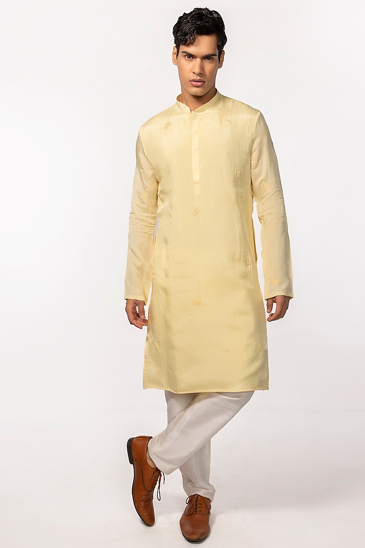 Yellow Silk Embroidered Kurta Set by KAKA CALCUTTA at Pernia's Pop Up Shop