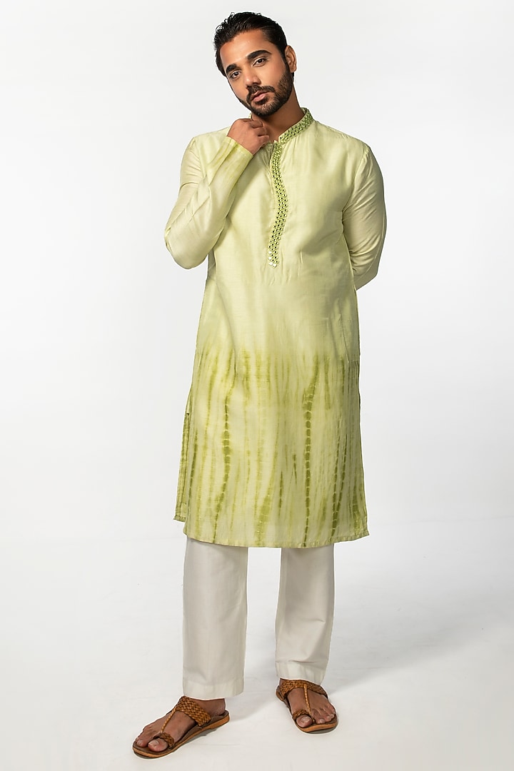 Green Silk Embroidered Kurta Set by KAKA CALCUTTA at Pernia's Pop Up Shop