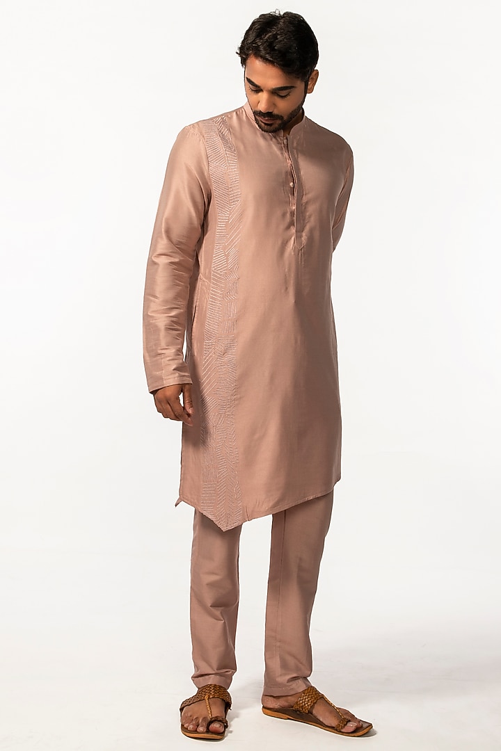 Onion Pink Silk Embroidered Kurta Set by KAKA CALCUTTA at Pernia's Pop Up Shop