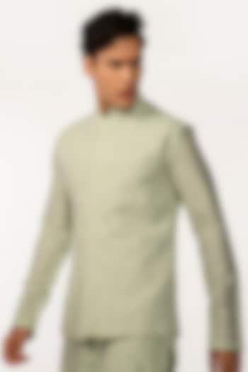 Green Silk Embroidered Nehru Jacket by KAKA CALCUTTA at Pernia's Pop Up Shop