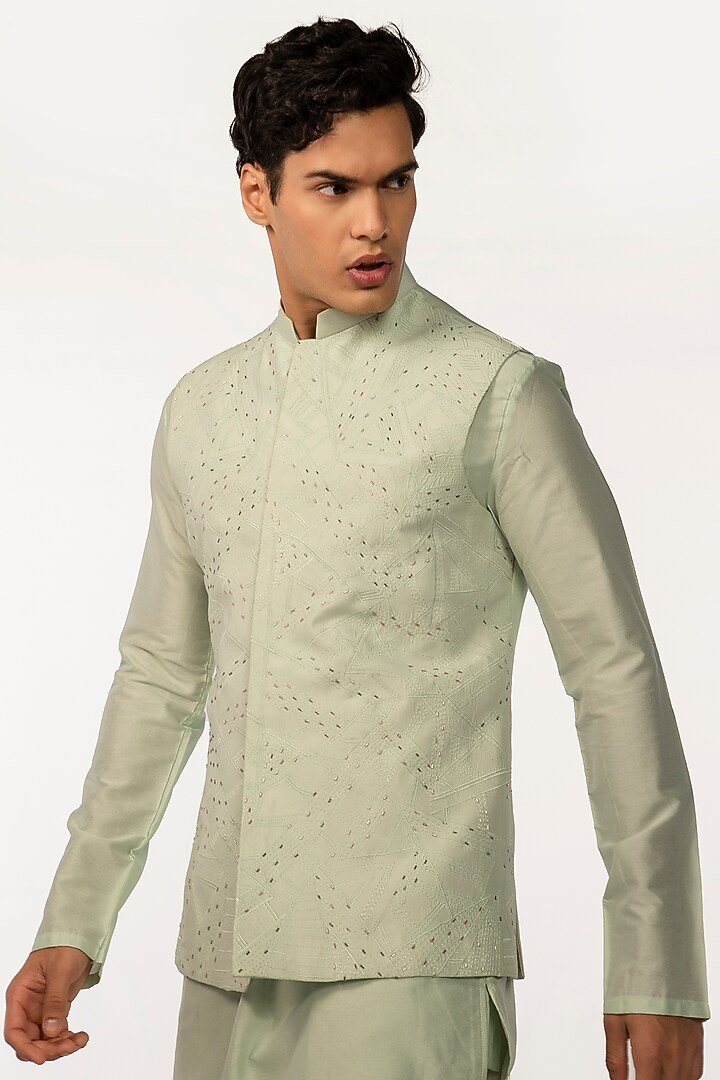 Green Silk Embroidered Nehru Jacket by KAKA CALCUTTA at Pernia's Pop Up Shop