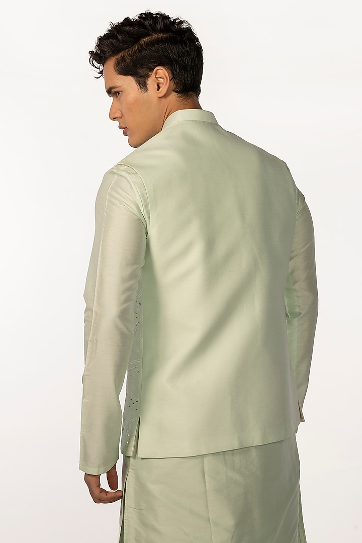 Green Silk Embroidered Nehru Jacket by KAKA CALCUTTA at Pernia's Pop Up Shop
