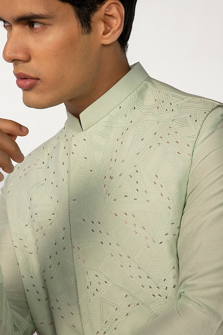 Green Silk Embroidered Nehru Jacket by KAKA CALCUTTA at Pernia's Pop Up Shop