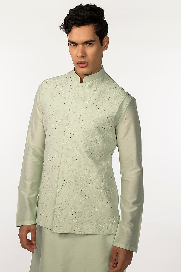 Green Silk Embroidered Nehru Jacket by KAKA CALCUTTA at Pernia's Pop Up Shop