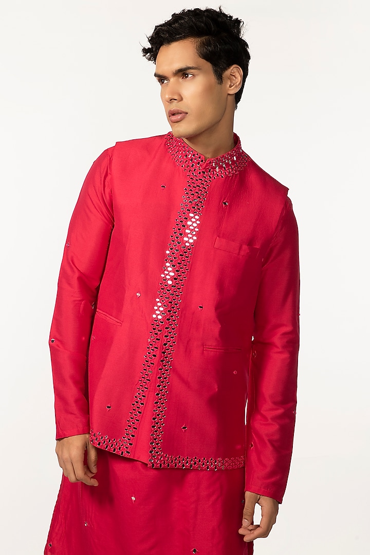 Hot Pink Silk Embroidered Nehru Jacket by KAKA CALCUTTA