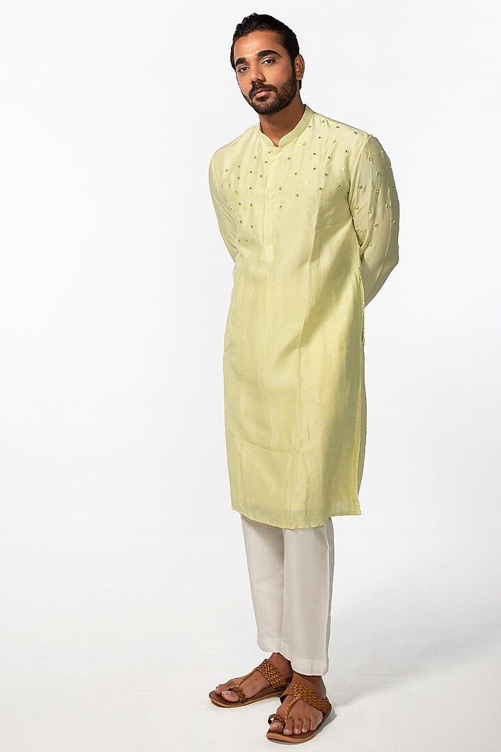 Mint Green Silk Embroidered Kurta Set by KAKA CALCUTTA at Pernia's Pop Up Shop
