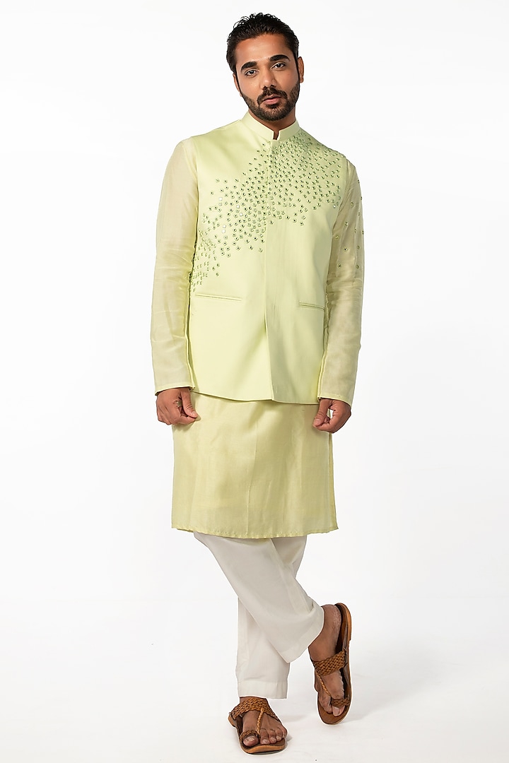 Mint Green Silk Embroidered Nehru Jacket Set by KAKA CALCUTTA at Pernia's Pop Up Shop