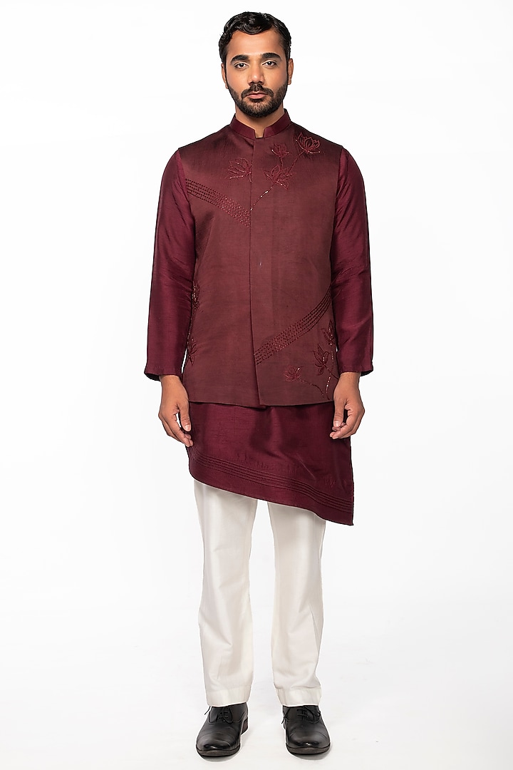 Wine Linen Satin Embroidered Nehru Jacket by KAKA CALCUTTA