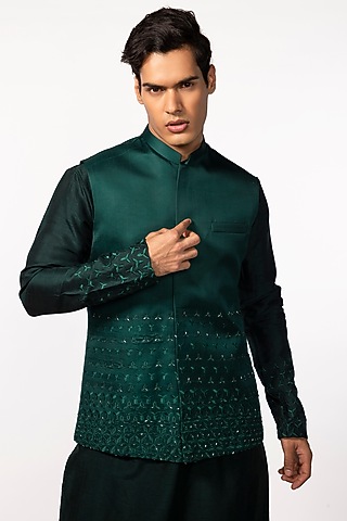 Bottle Green Linen Satin Embroidered Nehru Jacket by KAKA CALCUTTA