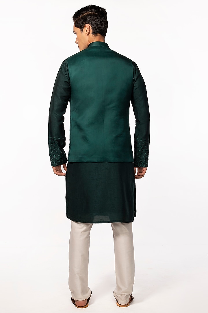 Bottle Green Linen Satin Embroidered Nehru Jacket by KAKA CALCUTTA at Pernia's Pop Up Shop
