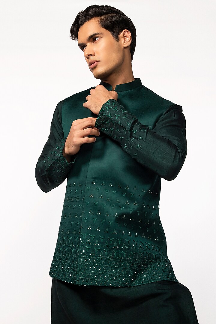 Bottle Green Linen Satin Embroidered Nehru Jacket by KAKA CALCUTTA at Pernia's Pop Up Shop