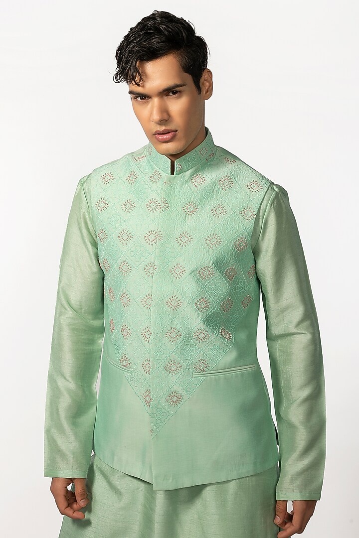 Sea Green Bam Silk Hand Embroidered Nehru Jacket by KAKA CALCUTTA at Pernia's Pop Up Shop