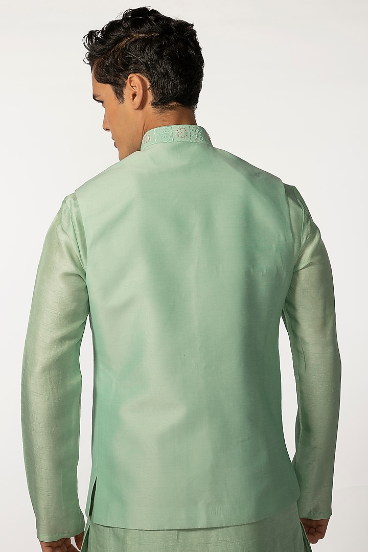 Sea Green Bam Silk Hand Embroidered Nehru Jacket by KAKA CALCUTTA at Pernia's Pop Up Shop