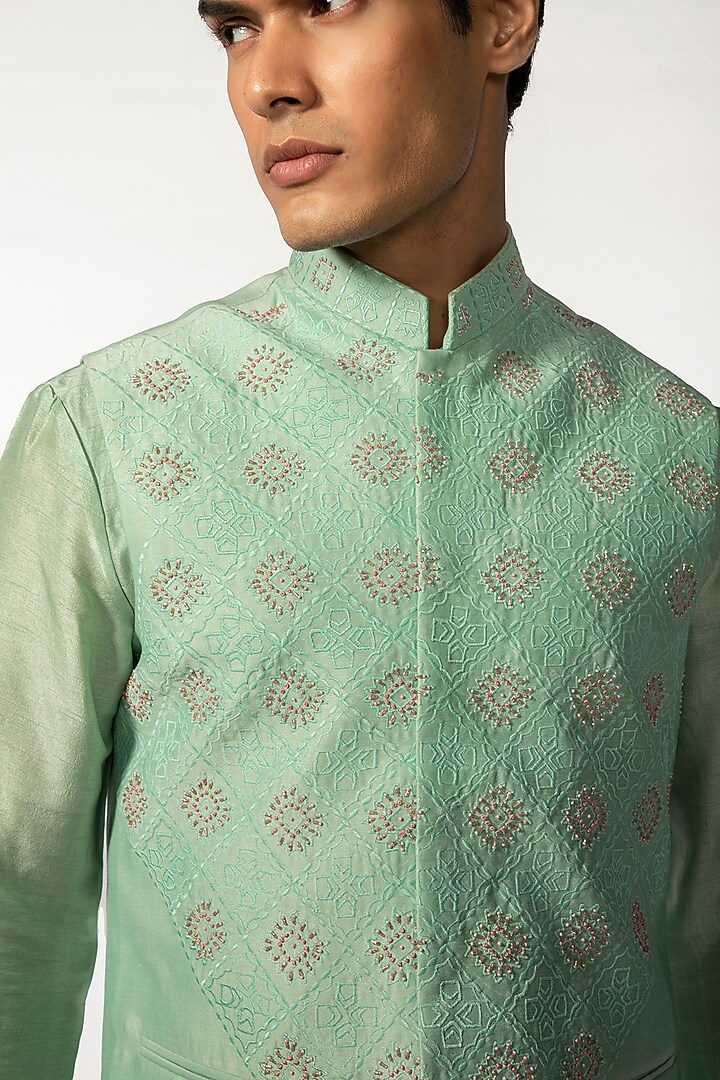 Sea Green Bam Silk Hand Embroidered Nehru Jacket by KAKA CALCUTTA at Pernia's Pop Up Shop