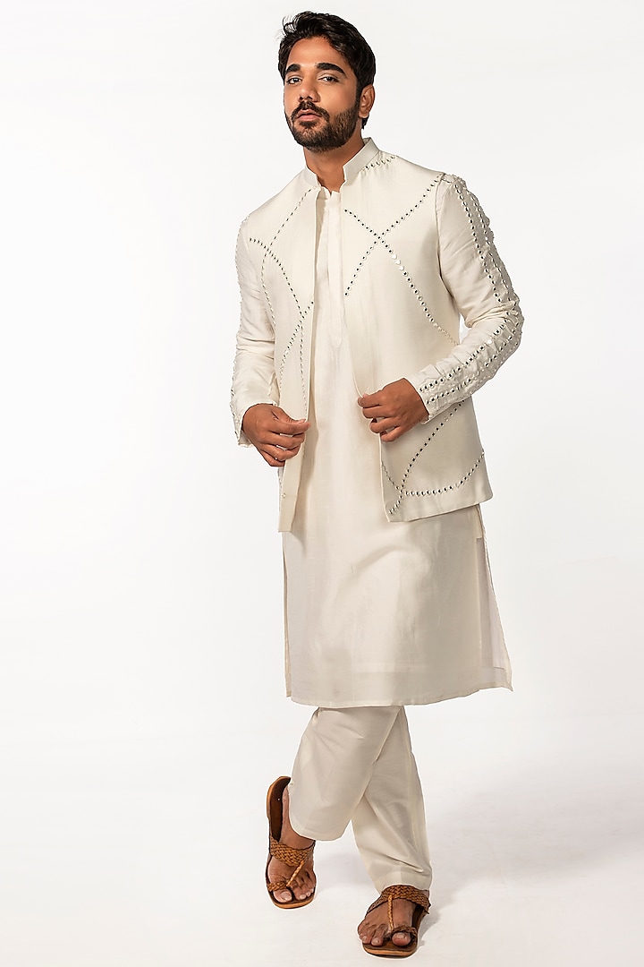 Ivory Bam Silk Embroidered Indowestern Jacket by KAKA CALCUTTA