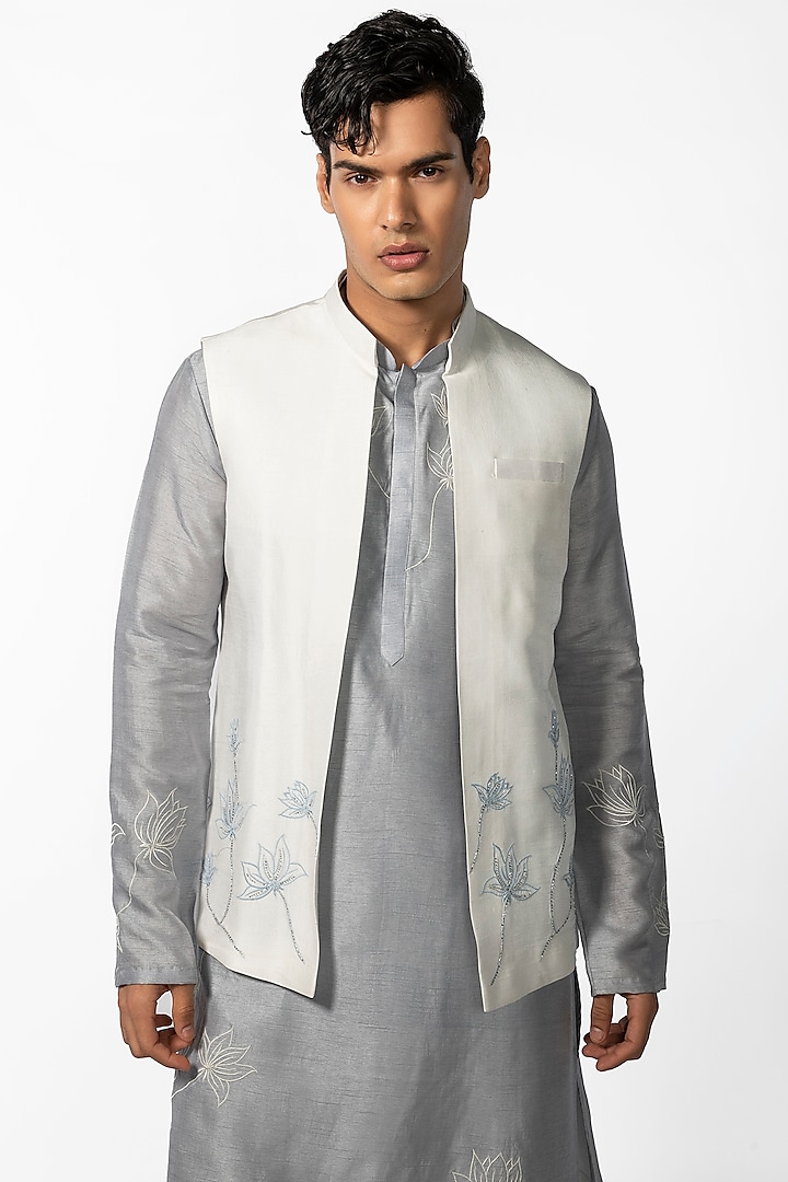 Ivory Bam Silk Embroidered Indowestern Jacket by KAKA CALCUTTA at Pernia's Pop Up Shop