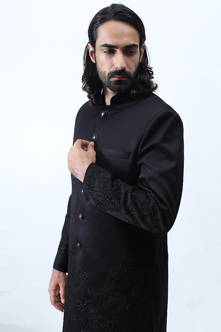 Black Suiting Wedding Bandhgala Set by KAKA CALCUTTA at Pernia's Pop Up Shop