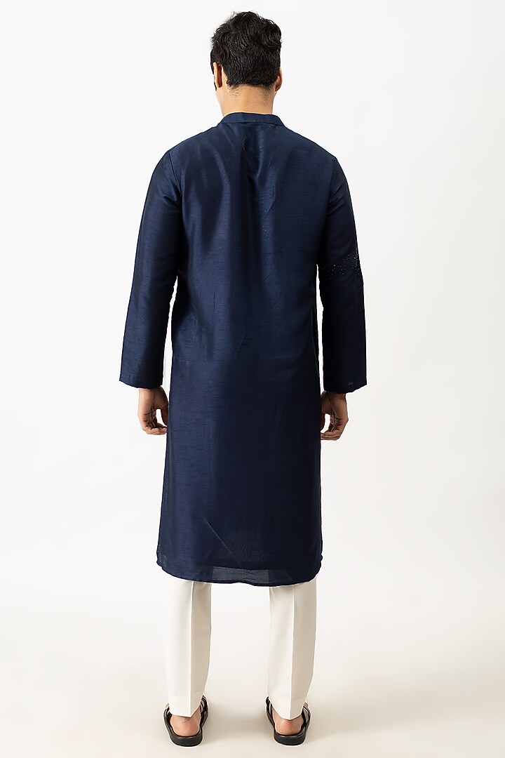 Midnight Blue Bamboo Silk Thread Hand Embroidered Kurta Set by KAKA CALCUTTA at Pernia's Pop Up Shop