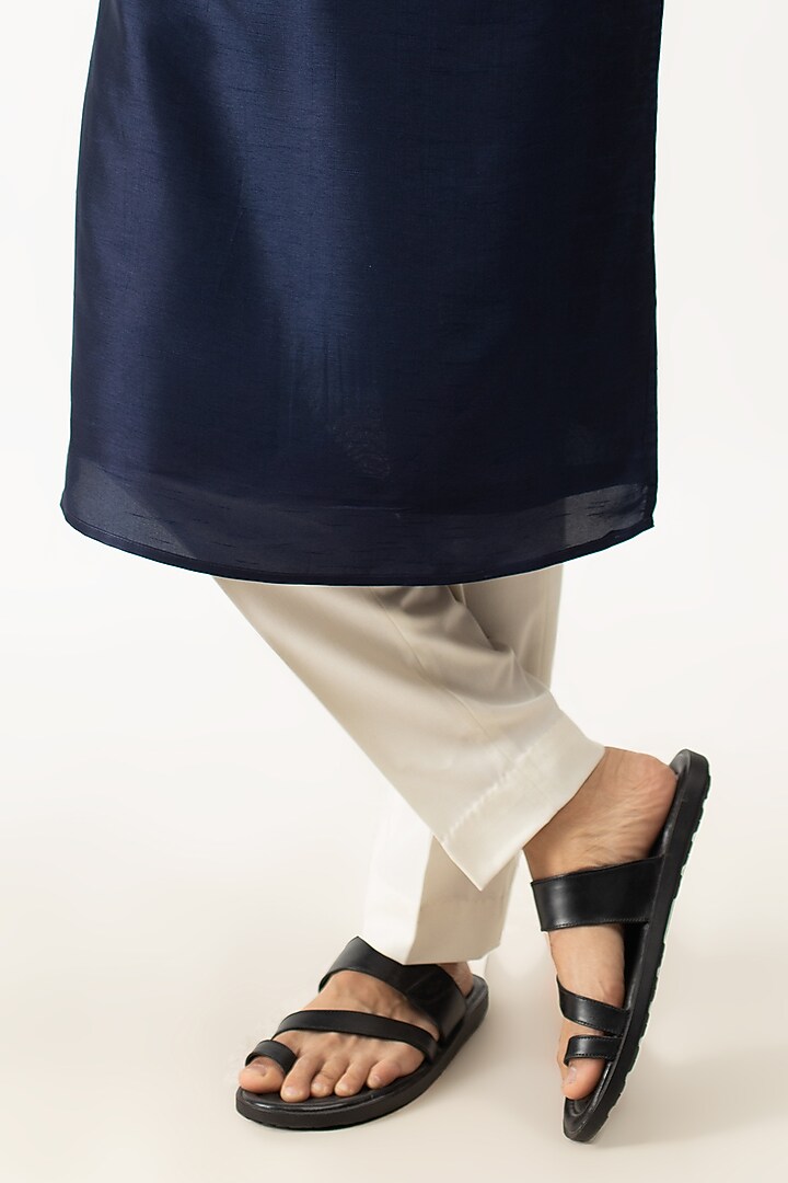 Midnight Blue Bamboo Silk Thread Hand Embroidered Kurta Set by KAKA CALCUTTA at Pernia's Pop Up Shop