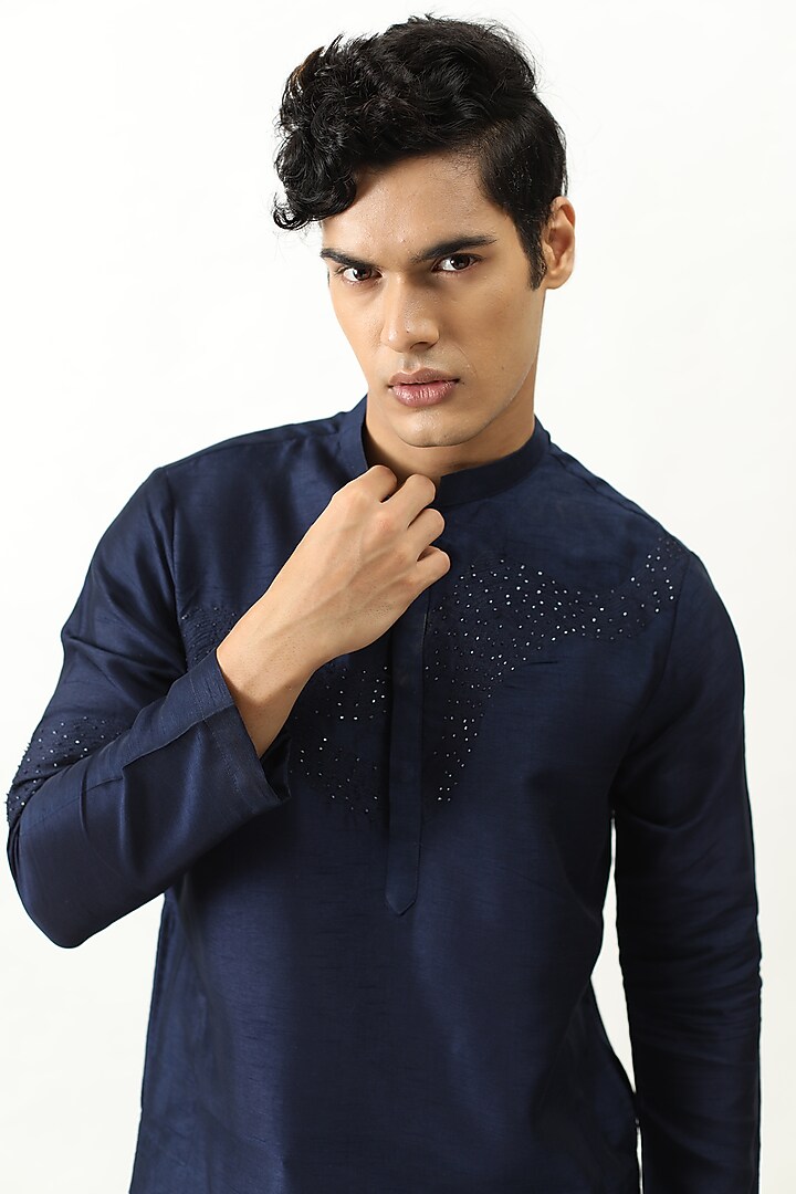Midnight Blue Bamboo Silk Thread Hand Embroidered Kurta Set by KAKA CALCUTTA at Pernia's Pop Up Shop