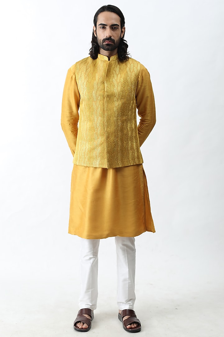 Mustard Embroidered Bundi Jacket by KAKA CALCUTTA